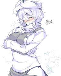 Rule 34 | 1girl, blush, breasts, clothes pull, flying sweatdrops, hat, kokka han, large breasts, letty whiterock, navel, open mouth, panties, plump, short hair, side-tie panties, skirt, skirt pull, solo, touhou, translation request, underwear