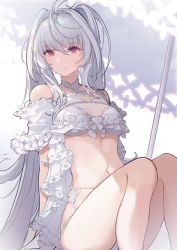 Rule 34 | 1girl, ahoge, bare shoulders, bikini, breasts, cleavage, fate/grand order, fate (series), frilled bikini, frills, lady avalon (fate), lady avalon (second ascension) (fate), long hair, looking at viewer, medium breasts, merlin (fate/prototype), navel, parasol, purple eyes, rk rika, sitting, smile, solo, swimsuit, thighs, umbrella, very long hair, white bikini, white hair
