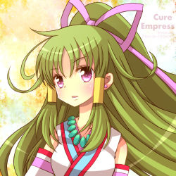 Rule 34 | 1girl, artist name, bad id, bad pixiv id, blush, bow, character name, cure empress, detached sleeves, dokidoki! precure, green hair, hair tubes, hiyopuko, long hair, pink bow, pink eyes, precure, solo, upper body