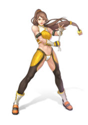 Rule 34 | 00s, 1girl, bandages, bandaged hand, bandages, bare shoulders, brown hair, dungeon and fighter, fighter (dungeon and fighter), full body, green eyes, legs apart, long hair, looking to the side, midriff, navel, ponytail, smirk, solo, standing, very long hair, yoon lee