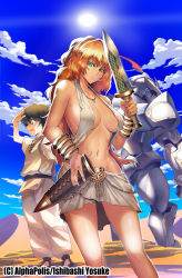 Rule 34 | &gt;:(, 1girl, 2boys, armor, artist name, backlighting, bare shoulders, bracelet, breasts, cleavage, cloud, cloudy sky, collarbone, copyright name, cyriacca (spirit migration), day, forehead jewel, frown, full armor, green eyes, groin, ishibashi yosuke, jewelry, kou (spirit migration), large breasts, looking at viewer, multiple boys, navel, necklace, no bra, official art, open mouth, sash, sheath, short sword, sideboob, sky, sleeveless, spirit migration, sun, sword, tunic, v-shaped eyebrows, weapon