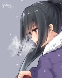 Rule 34 | 1boy, black hair, blush, breath, fang, from side, fur trim, grey background, holding, kantai collection, long hair, long sleeves, looking away, looking down, male focus, nachi (kancolle), natsunoyuu, open mouth, orange eyes, ponytail, profile, short hair, sideways mouth, signature, simple background, snowing, solo, upper body, v-shaped eyebrows
