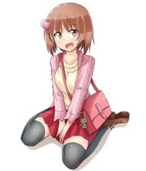 Rule 34 | 10s, 1girl, bag, black thighhighs, boko (girls und panzer), breasts, brown eyes, brown footwear, brown hair, carrying, casual, commentary, full body, girls und panzer, hair ornament, handbag, kitayama miuki, long sleeves, looking at viewer, medium breasts, miniskirt, nishizumi miho, open mouth, pink sweater, pleated skirt, red skirt, shirt, shoes, short hair, simple background, sitting, skirt, smile, solo, stuffed animal, stuffed toy, sweater, teddy bear, thighhighs, v arms, white background, white shirt