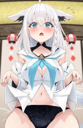 Rule 34 | 1girl, absurdres, ahoge, animal ears, aqua eyes, armpit crease, ascot, blush, braid, breasts, cleavage, cleavage cutout, clothing cutout, collarbone, detached sleeves, earrings, fox ears, fox girl, hair between eyes, highres, hololive, jewelry, large breasts, midriff, mogmog megmog, navel, open mouth, shirakami fubuki, shirakami fubuki (1st costume), side braid, single earring, solo, thighs, virtual youtuber, white hair
