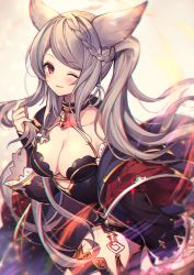 Rule 34 | animal ears, arm up, blurry, blurry background, blush, braid, breasts, breasts out, cleavage, closed mouth, collarbone, fraux, granblue fantasy, homaderi, jewelry, long hair, medium breasts, one eye closed, pink eyes, smile, solo, twintails, very long hair