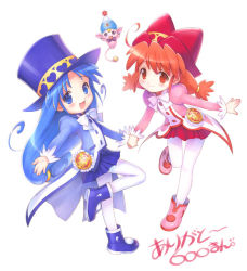 Rule 34 | 00s, 2girls, blue hair, bow, coat, fine (futagohime), full body, fushigiboshi no futago hime, goto p, hat, holding hands, long hair, long sleeves, looking at viewer, miniskirt, multiple girls, overcoat, pantyhose, poomo, puffy sleeves, red hair, red skirt, rein (futagohime), simple background, skirt, smile, standing, standing on one leg, top hat, twintails, very long hair