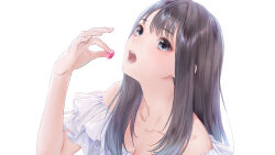 Rule 34 | 1girl, absurdres, bare shoulders, black hair, blue reflection (series), blue reflection sun, candy, dress, food, grey eyes, highres, holding, holding candy, holding food, kishida mel, long hair, looking at viewer, off-shoulder dress, off shoulder, open mouth, simple background, solo, teeth, upper body, white background, white day, white dress, xiao meiqi