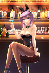Rule 34 | 1girl, absurdres, alcohol, animal ears, bar (place), black bow, black bowtie, black leotard, bottle, bow, bowtie, breasts, brown pantyhose, cleavage, cup, detached collar, drinking glass, fake animal ears, fishnet pantyhose, fishnets, highres, indoors, kanikanidosanko, leotard, looking at viewer, medium breasts, original, pantyhose, playboy bunny, purple eyes, purple hair, rabbit ears, rabbit tail, shelf, short hair, sidelocks, sitting, solo, stool, strapless, strapless leotard, tail, wine glass, wrist cuffs