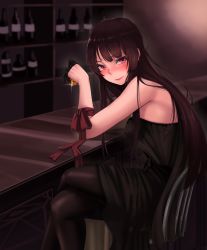 Rule 34 | 1girl, bar (place), bar stool, black hair, black pantyhose, blush, bow, cloel, crossed legs, cup, dress, drinking glass, drunk, girls&#039; frontline, gloves, half gloves, highres, long hair, looking at viewer, looking back, official alternate costume, pantyhose, red bow, red eyes, red ribbon, ribbon, sitting, smile, solo, stool, wa2000 (ballroom interlude) (girls&#039; frontline), wa2000 (girls&#039; frontline)