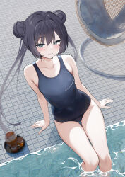 1girl absurdres awnw black_hair black_one-piece_swimsuit blue_archive blush braid braided_bun collarbone cup double_bun from_above grey_eyes hair_bun highres kisaki_(blue_archive) long_hair looking_at_viewer looking_up one-piece_swimsuit pitcher_(container) sidelocks sitting soaking_feet solo swimsuit thigh_gap tray twintails twitter_username water