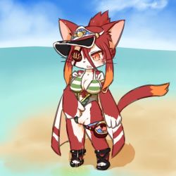 Rule 34 | 1girl, artist request, beach, brown eyes, cat, cat busters, clothing aside, eyepatch, furry, furry female, hinozuki (cat busters), long hair, open mouth, outdoors, peeing, red hair, solo, swimsuit, swimsuit aside