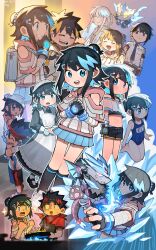 Rule 34 | 2girls, 4girls, apron, backpack, bag, bare shoulders, black hair, blue eyes, blue hair, colored inner hair, dragon horns, fingerless gloves, gloves, gradient background, hair bun, hair ornament, hairclip, highres, hood, hoodie, horns, ice, itoriyo, maid, maid apron, maid headdress, multicolored hair, multiple girls, multiple persona, nakamura yuto, navel, one-piece swimsuit, original, pleated skirt, raisei no ryu tsukai, randoseru, school swimsuit, short hair, sidelocks, simple background, skirt, sorano minori, swimsuit