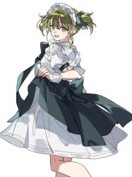 Rule 34 | 1girl, alternate costume, enmaided, floating hair, green eyes, green hair, idolmaster, idolmaster shiny colors, looking at viewer, looking back, maid, maid headdress, meihahaha, nanakusa nichika, puffy short sleeves, puffy sleeves, shirt, short sleeves, short twintails, simple background, smile, solo, striped clothes, striped shirt, twintails, vertical-striped clothes, vertical-striped shirt, white background