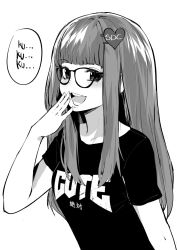 Rule 34 | 1girl, bare legs, blunt bangs, blush, brand name imitation, breasts, clothes writing, commentary, commission, covering own mouth, dakota (dkooters), doom (series), english commentary, fictional persona, glasses, greyscale, hair ornament, hairclip, hand to own mouth, heart, heart hair ornament, highres, laughing, long hair, looking at viewer, looking to the side, miniskirt, monochrome, norman maggot, ojou-sama pose, original, pleated skirt, shirt, short sleeves, sidelocks, simple background, skirt, small breasts, smile, solo, speech bubble, t-shirt, upper body, white background
