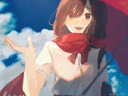 Rule 34 | 1girl, blue sky, blurry, bow, bowtie, brown eyes, brown hair, cloud, day, depth of field, enpera, hair between eyes, hair ornament, hairclip, kagerou project, mekakucity actors, open mouth, outdoors, red bow, red bowtie, red scarf, red umbrella, scarf, school uniform, shirt, short sleeves, shunu tabetai, sky, smile, solo, sunlight, tateyama ayano, teeth, umbrella, upper body, upper teeth only, white shirt