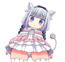 Rule 34 | 10s, 1girl, beads, black bow, black hairband, blue eyes, blunt bangs, blush, bow, capelet, child, cowboy shot, dragon horns, dragon tail, dress, from below, gothic lolita, hair beads, hair bow, hair ornament, hairband, head tilt, horns, kanna kamui, kobayashi-san chi no maidragon, lolita fashion, long sleeves, long twintails, looking at viewer, looking down, panties, pantyshot, pink dress, simple background, solo, standing, suzume ziro, tail, thighhighs, thighs, twintails, underwear, upskirt, white background, white thighhighs
