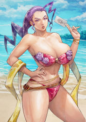 Rule 34 | 1girl, absurdres, beach, belly chain, bikini, breasts, cirenk, colored eyelashes, floral print, hagoromo, hair slicked back, hand on own hip, highres, huge breasts, jewelry, looking at viewer, name connection, object namesake, parted lips, pink bikini, purple hair, rose (street fighter), shawl, single hair intake, solo, standing, strapless, strapless bikini, street fighter, street fighter zero (series), swimsuit, tarot, thighs, toned, water