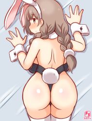 Rule 34 | 1girl, against wall, animal ears, ass, back, black leotard, blush, braid, breasts, brown eyes, brown hair, detached collar, embarrassed, fake animal ears, kanon (kurogane knights), kantai collection, large breasts, leotard, long hair, one-hour drawing challenge, playboy bunny, rabbit ears, rabbit tail, shinshuu maru (kancolle), solo, strapless, strapless leotard, tail, thighhighs, twin braids, white thighhighs, wrist cuffs