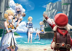 Rule 34 | 5girls, ahoge, arm guards, arm up, backpack, bag, bag charm, barbara (genshin impact), barbara (summertime sparkle) (genshin impact), beach, black scarf, blonde hair, blue eyes, blue sky, boat, bow, brown gloves, cabbie hat, carrying, charm (object), cloud, cloudy sky, coat, commentary request, crab, crab claw, detached sleeves, dodoco (genshin impact), dress, drill hair, ebiri fy, floating, from behind, genshin impact, gloves, hair between eyes, hair bow, hair ribbon, halo, hat, hat feather, hat ornament, highres, hood, hooded coat, horizon, in water, jean (genshin impact), jean (sea breeze dandelion) (genshin impact), klee (genshin impact), light brown hair, long hair, looking at another, looking up, low twintails, lumine (genshin impact), mechanical halo, multiple girls, ocean, paimon (genshin impact), pocket, pointy ears, ponytail, randoseru, red coat, red headwear, ribbon, scarf, short hair, short hair with long locks, sidelocks, sitting, sky, starfish, sunlight, thighhighs, twin drills, twintails, vision (genshin impact), wading, watercraft, waverider (genshin impact), waving, white dress, white legwear, white scarf, yellow eyes, zettai ryouiki