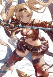 Rule 34 | 1girl, armor, asymmetrical bangs, bikini, blonde hair, blue eyes, boots, braid, breasts, commentary request, fagi (kakikaki), granblue fantasy, hair intakes, highres, holding, holding polearm, holding weapon, large breasts, leg armor, long hair, looking ahead, miniskirt, navel, parted lips, partial commentary, polearm, red armor, red bikini, skirt, smile, solo, spear, swimsuit, thigh boots, twintails, weapon, zeta (granblue fantasy)