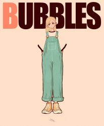 Rule 34 | 1girl, blending, blonde hair, blue overalls, bubbles (ppg), character name, full body, grey eyes, highres, long hair, overalls, powerpuff girls, shadow, shoes, short sleeves, simple background, smile, solo, standing, syooooyoooo, yellow footwear