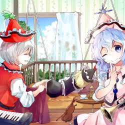 Rule 34 | 3girls, album cover, blanket, blonde hair, blue eyes, blue hair, blue sky, cloud, cover, cup, curtains, day, closed eyes, finger to mouth, flute, hat, instrument, keyboard (instrument), looking at viewer, lunasa prismriver, lying, lyrica prismriver, makuwauri, merlin prismriver, multiple girls, on side, one eye closed, pillow, shirt, shushing, siblings, silver hair, sisters, skirt, skirt set, sky, table, teacup, teapot, touhou, trumpet, violin, window