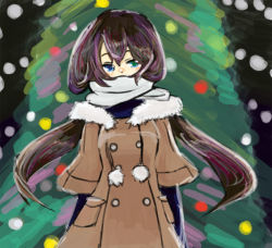 Rule 34 | blush, brown hair, cold, heterochromia, kaprice, long hair, original, scarf, solo, twintails