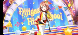 Rule 34 | 1girl, artist name, artist request, back bow, band uniform, belt, blush, boots, bow, breasts, earrings, female focus, flute, gloves, green eyes, hair bun, hat, highres, holding flute, holding instrument, instrument, jewelry, looking at viewer, love live!, love live! nijigasaki high school idol club, love live! school idol festival, love live! school idol festival all stars, medium breasts, mini hat, orange hair, parted lips, red bow, red hair, short hair, side bun, single hair bun, smile, solo, standing, standing on one leg, uehara ayumu, white footwear, white gloves, wing hair ornament, yellow belt, yellow eyes