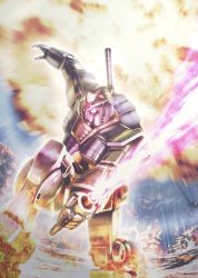 Rule 34 | beam saber, explosion, glowing, glowing eyes, gundam, holding, holding sword, holding weapon, looking down, mecha, mobile suit gundam, no humans, robot, rx-78-2, solo, superhero landing, sword, totthii0081, v-fin, weapon, yellow eyes