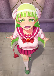 Rule 34 | 1girl, arms at sides, blunt bangs, bow, bowtie, breasts, brooch, column, commentary request, demon girl, demon horns, demon tail, fingernails, foreshortening, from above, full body, green eyes, green hair, heart, heart tail, highres, horns, jewelry, kneehighs, large breasts, light particles, long hair, looking at viewer, looking up, mairimashita! iruma-kun, matching hair/eyes, nail polish, ocza, open mouth, pillar, pink shirt, pleated skirt, pointy ears, red bow, red bowtie, red nails, red sailor collar, red skirt, sailor collar, school uniform, serafuku, shadow, sharp teeth, shirt, short sleeves, skirt, sleeves past elbows, slippers, smile, socks, solo, standing, tail, tareme, teeth, tile floor, tiles, upper teeth only, valac clara, very long hair, white socks