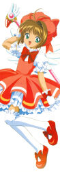 Rule 34 | 1girl, absurdres, bow, brown hair, cardcaptor sakura, child, happy, highres, holding, holding wand, kinomoto sakura, magical girl, messy hair, official art, petticoat, red bow, red footwear, short hair, simple background, solo, wand, white background, wings