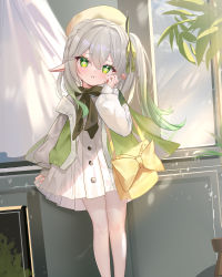 Rule 34 | 1girl, absurdres, alternate costume, blush, braid, cape, cross-shaped pupils, dress, genshin impact, gradient hair, green cape, green eyes, green hair, green sleeves, hair ornament, heart, heart-shaped pupils, highres, indoors, leaf hair ornament, leotard, long hair, looking at viewer, multicolored hair, nahida (genshin impact), parted lips, pointy ears, side braid, side ponytail, symbol-shaped pupils, white dress, white hair, white leotard, zhongwu chahui