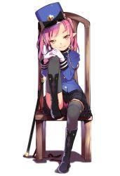 Rule 34 | 1girl, baton, black footwear, black skirt, black thighhighs, blush, blvefo9, boots, chair, child, closed mouth, full body, gloves, hat, head tilt, highres, interlocked fingers, long sleeves, looking at viewer, original, panties, pantyshot, pink hair, pink panties, pleated skirt, pointy ears, red ribbon, ribbon, shadow, simple background, sitting, skirt, smile, solo, swept bangs, thighhighs, tsurime, underwear, uniform, white background, white gloves, yellow eyes
