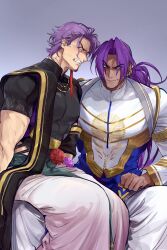 Rule 34 | 2boys, bara, bhima (fate), bhima (second ascension) (fate), brothers, cropped shirt, dark-skinned male, dark skin, duryodhana (fate), facial hair, fate/grand order, fate (series), feet out of frame, fighting, flower, glaring, goatee, grin, highres, huge pectorals, large pectorals, long hair, male focus, multiple boys, muscular, muscular male, pectorals, ponytail, purple hair, short hair, siblings, sitting, smile, veins, veiny arms, washblackmud