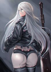 Rule 34 | 1girl, absurdres, android, ass, black thighhighs, blue eyes, from behind, hair between eyes, highres, jacket, long hair, looking at viewer, micro shorts, mole, mole under mouth, nevoangelo arm, nier (series), nier:automata, open clothes, open jacket, shorts, solo, sword, thighhighs, weapon, white hair, a2 (nier:automata)