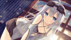 Rule 34 | 1girl, :o, black skirt, blue eyes, blue sky, blush, breasts, cleavage, clothing cutout, cloud, cloudy sky, commentary request, goggles, goggles on head, grey hair, hair between eyes, highres, hoshi (snacherubi), indoors, leaning forward, long hair, long sleeves, looking at viewer, original, parted lips, pleated skirt, shoulder cutout, skirt, sky, small breasts, solo, sunlight, sunset, very long hair, window