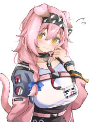 Rule 34 | 1girl, absurdres, animal ears, arknights, belt, black choker, black hairband, black skirt, blue bow, blush, bow, braid, breasts, cat ears, cat girl, cat tail, choker, closed mouth, coat, flying sweatdrops, goldenglow (arknights), hair bow, hairband, hand on own face, hand up, high-waist skirt, highres, id card, large breasts, lightning bolt print, long sleeves, looking at viewer, open clothes, open coat, pink coat, shirt, side braid, simple background, skirt, smile, solo, tail, upper body, white background, white shirt, yellow eyes, yuukun mk-ii