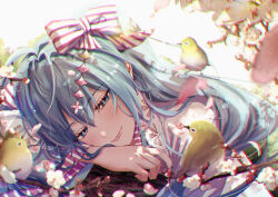 Rule 34 | 1girl, absurdres, artist name, bird, blue eyes, blue hair, blue nails, blurry, blurry background, blurry foreground, blush, bow, cherry blossoms, chromatic aberration, commentary, day, flower, hair between eyes, hair bow, hair ornament, half-closed eyes, hatsune miku, head on arm, highres, japanese clothes, kanzashi, lips, long hair, lying, miku day, on stomach, pink flower, pink petals, sidelocks, smile, solo, striped bow, sunlight, tokioka a7, vocaloid