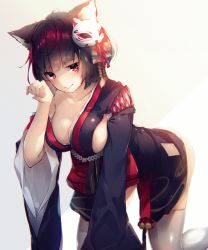 Rule 34 | 1girl, absurdres, all fours, animal ears, azur lane, bad id, bad tumblr id, black hair, black kimono, blunt bangs, breasts, cat ears, cat mask, cleavage, closed mouth, hair ornament, hand up, highres, huge filesize, japanese clothes, jitome, kimono, large breasts, legs apart, looking at viewer, mask, mask on head, mizuya (caxas328), paw pose, red eyes, short hair, short kimono, sideboob, sidelocks, smile, solo, thighhighs, tsurime, white thighhighs, wide sleeves, yamashiro (azur lane)