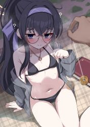 Rule 34 | 1girl, 1other, ?, bags under eyes, bare shoulders, bikini, black bikini, black hair, blue archive, blush, breasts, closed mouth, coin, coin on string, commentary request, crossed bangs, grey jacket, hair between eyes, hair ribbon, hairband, halo, highres, hypnosis, jacket, jewelry, long hair, long sleeves, looking at viewer, mamiyahara hitoshige, mind control, navel, nose blush, o-ring, o-ring bikini, off shoulder, official alternate costume, pendant, ponytail, purple eyes, purple hairband, purple ribbon, ribbon, sidelocks, sitting, small breasts, solo focus, sweat, swimsuit, ui (blue archive), ui (swimsuit) (blue archive), variant set, wariza, yellow halo