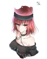 Rule 34 | 1girl, bare shoulders, black shirt, breasts, chain, cleavage, closed mouth, collar, dated, hair between eyes, heart, hecatia lapislazuli, highres, koro (tyunnkoro0902), looking at viewer, medium breasts, off-shoulder shirt, off shoulder, red eyes, red hair, shirt, short hair, simple background, solo, taut clothes, taut shirt, touhou, tsurime, upper body, white background
