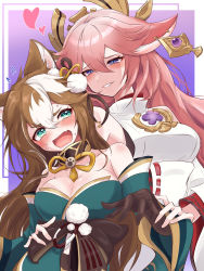 Rule 34 | 2girls, absurdres, animal ears, black gloves, blush, breasts, cashew 0 dgren, cleavage, collarbone, elbow gloves, fang, genderswap, genderswap (mtf), genshin impact, gloves, gorou (genshin impact), green kimono, half-closed eyes, heart, highres, hina (genshin impact), japanese clothes, kimono, looking to the side, medium breasts, multiple girls, nontraditional miko, off shoulder, parted lips, pink hair, purple eyes, smile, yae miko, yuri
