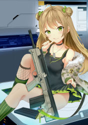 Rule 34 | 1girl, :q, absurdres, ahoge, armpit peek, artist request, ass, assault rifle, asymmetrical legwear, black gloves, blush, bow, breasts, brown hair, bullet, bullpup, camouflage, choker, clothes lift, collarbone, dog tags, double bun, dress, finger to mouth, fingerless gloves, fur-trimmed jacket, fur trim, girls&#039; frontline, gloves, green bow, green eyes, gun, hair bow, hair bun, head tilt, highres, holding, holding clothes, holding skirt, indoors, jacket, jewelry, knee up, long hair, long sleeves, looking at viewer, magazine (weapon), medium breasts, necklace, open clothes, open jacket, rfb (girls&#039; frontline), rifle, sidelocks, sitting, sitting on object, skirt, skirt lift, smile, socks, solo, striped clothes, striped legwear, striped socks, thigh strap, thighs, tongue, tongue out, uneven legwear, vertical-striped clothes, vertical-striped socks, weapon