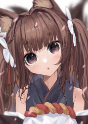 Rule 34 | 1girl, amagi (azur lane), animal ear fluff, animal ears, azur lane, bare shoulders, blurry, blurry background, brown eyes, brown hair, chestnut mouth, commentary request, depth of field, flower, fox ears, hair flower, hair intakes, hair ornament, head tilt, kitsune, kyuubi, long hair, multiple tails, ootani nonno, parted lips, petals, short eyebrows, solo, tail, thick eyebrows, twintails, upper body, white flower