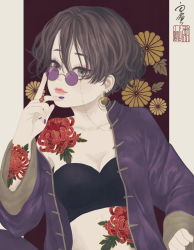 Rule 34 | 1girl, arm tattoo, black bra, bra, breasts, brown eyes, brown hair, chinese clothes, closed mouth, collarbone, commentary, earrings, eyewear strap, finger tattoo, finger to cheek, finger to own chin, fingernails, floral background, flower, glasses, hair between eyes, hand up, highres, jacket, jewelry, kikumon, light smile, long sleeves, looking at viewer, looking over eyewear, medibang paint (medium), midriff, nail polish, off shoulder, open clothes, open jacket, original, purple-tinted eyewear, purple jacket, purple nails, red background, red flower, seal impression, short hair, shoulder tattoo, signature, sitting, solo, spider lily, stomach tattoo, striped nails, sunglasses, tangzhuang, tattoo, tinted eyewear, underwear, upper body, ushiyama ame
