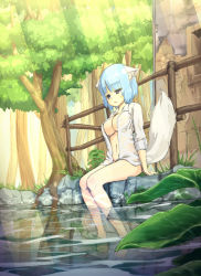 Rule 34 | 1girl, animal ears, barefoot, blue hair, bottomless, breasts, fuji-k, highres, large breasts, light rays, looking down, open clothes, open shirt, original, revision, see-through, shirt, short hair, sitting, sleeves rolled up, soaking feet, solo, sunbeam, sunlight, tail, tree, water, wolf ears, wolf tail