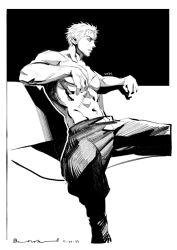 Rule 34 | 1boy, arm rest, bara, couch, from side, greyscale, large pectorals, looking ahead, male focus, monochrome, muscular, muscular male, nok (nok 1), on couch, one piece, pants, pectorals, profile, roronoa zoro, short hair, solo, spread legs, veins, veiny arms