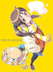 Rule 34 | 1girl, aoi sora (pairan), black pantyhose, breath, brown eyes, brown hair, denim, denim skirt, face, from above, from side, full body, hair ornament, hairclip, hands in pockets, head tilt, legs, long sleeves, looking at viewer, looking up, miniskirt, original, outline, pairan, pantyhose, scarf, shoes, simple background, skirt, smile, sneakers, solo, standing, striped clothes, striped scarf, twintails, yellow background