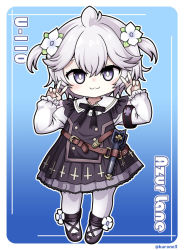 Rule 34 | 1girl, :3, ahoge, azur lane, belt, black dress, black footwear, black ribbon, blue background, blush, brown belt, character name, chibi, closed mouth, collarbone, collared shirt, commentary request, copyright name, double v, dress, eyebrows hidden by hair, flower, full body, grey eyes, hair between eyes, hair flower, hair ornament, hands up, kurono, long sleeves, looking at viewer, neck ribbon, official alternate costume, outline, ribbon, shirt, shoes, short hair, sidelocks, simple background, smile, solo, standing, thighhighs, torpedo, twitter username, two side up, u-110 (azur lane), u-110 (a cute sharky reverie) (azur lane), v, white flower, white hair, white shirt, white thighhighs