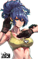 Rule 34 | 1girl, abs, armlet, bare shoulders, belt, biceps, blue eyes, blue hair, breasts, camouflage, crop top, dog tags, earrings, glint, gloves, highres, jewelry, large breasts, leona heidern, looking at viewer, making-of available, mar10, midriff, military, military uniform, muscular, muscular female, navel, ponytail, pouch, simple background, sleeveless, solo, standing, tank top, the king of fighters, the king of fighters xv, triangle earrings, uniform, upper body, white background, yellow tank top